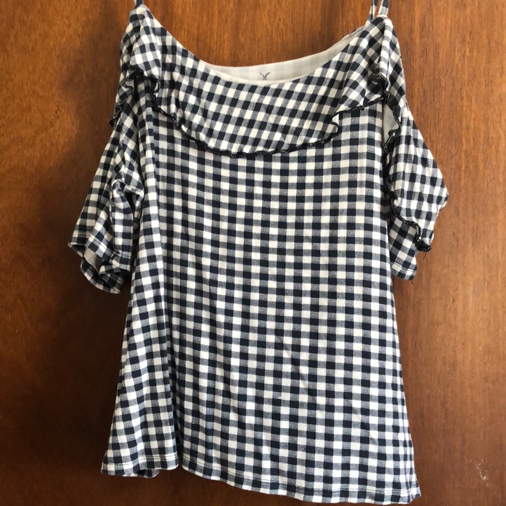 Off the shoulder plaid shirt